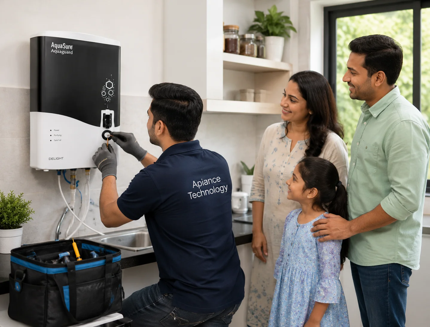 Aquaguard RO service technician repairing water purifier at home while family watches nearby.