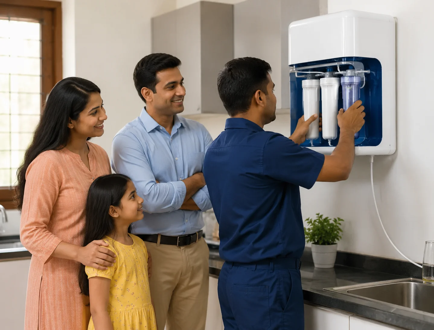 Family Installing RO Water Purifier on Rent