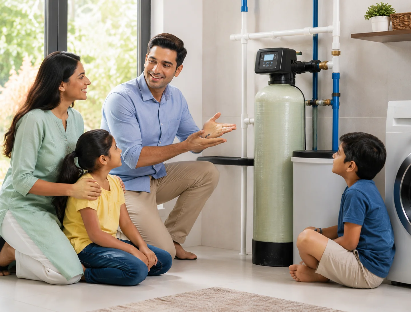 Family discussing water softener benefits indoors