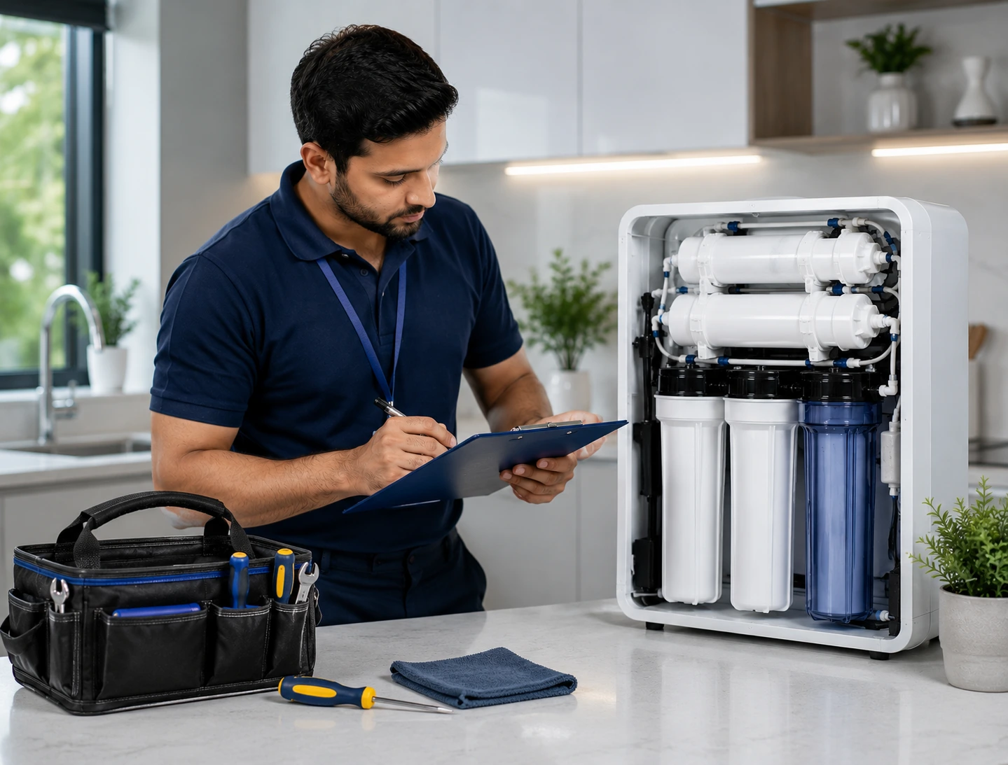 RO technician performing annual maintenance service on a domestic water purifier in a modern kitchen.