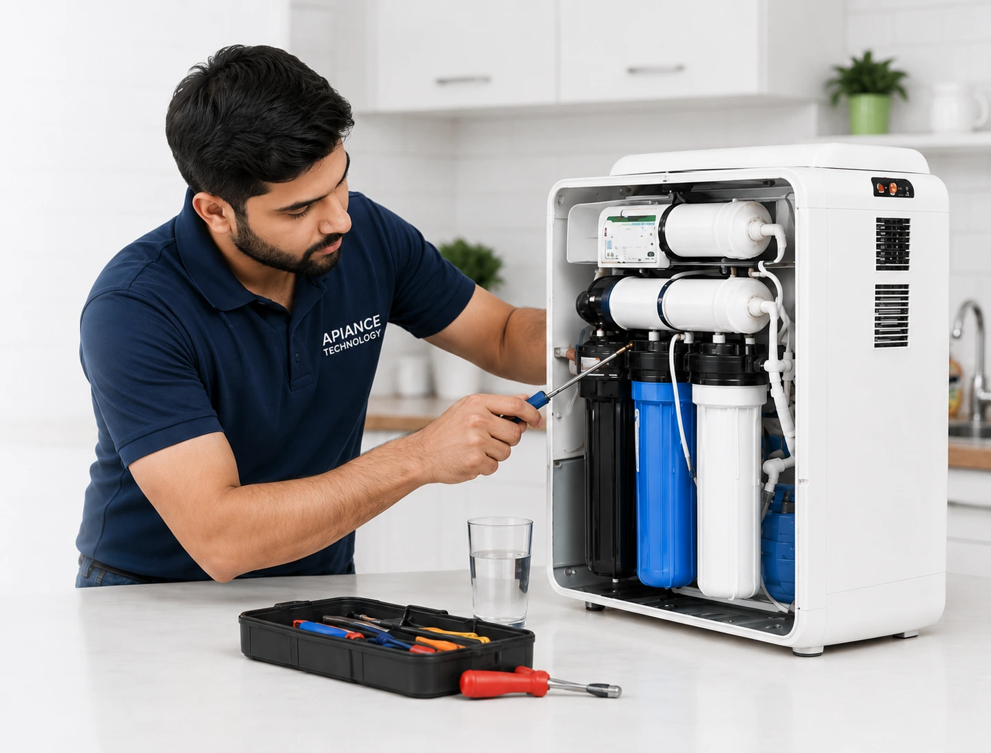 RO technician repairing a water purifier in a modern kitchen.