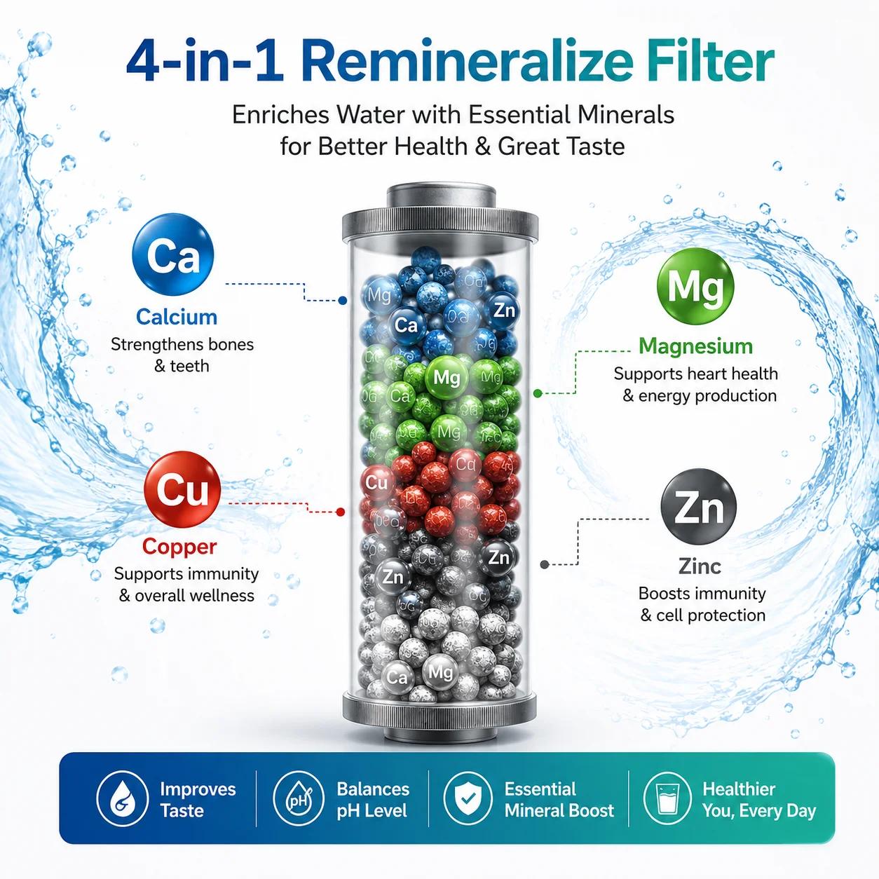 4 in 1 remineralization filter with calcium magnesium zinc and copper minerals for healthy drinking water