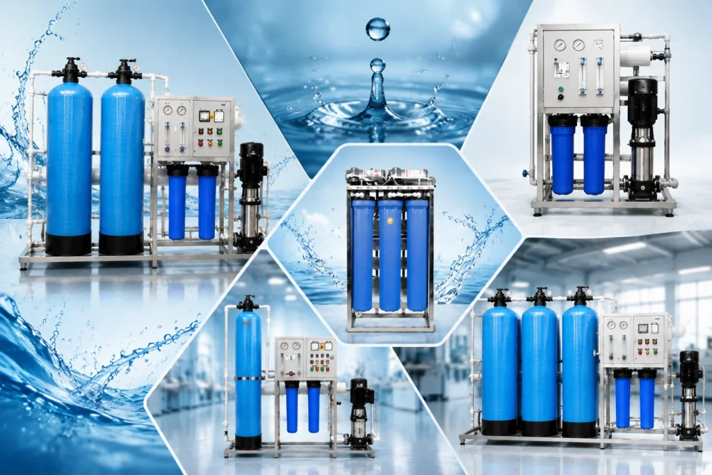 Commercial RO plant collage featuring industrial water treatment systems
