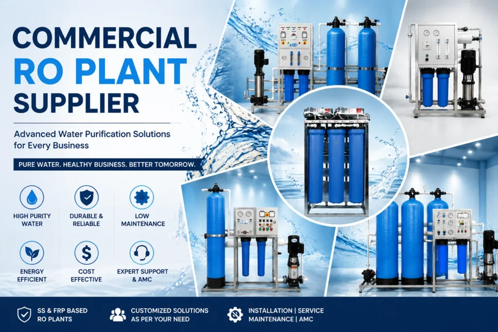 Commercial RO plant supplier banner showcasing advanced water purification systems