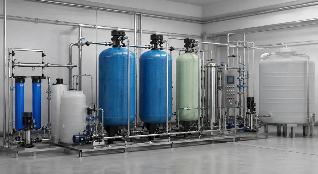 DM Plant System working process with cation and anion exchange units