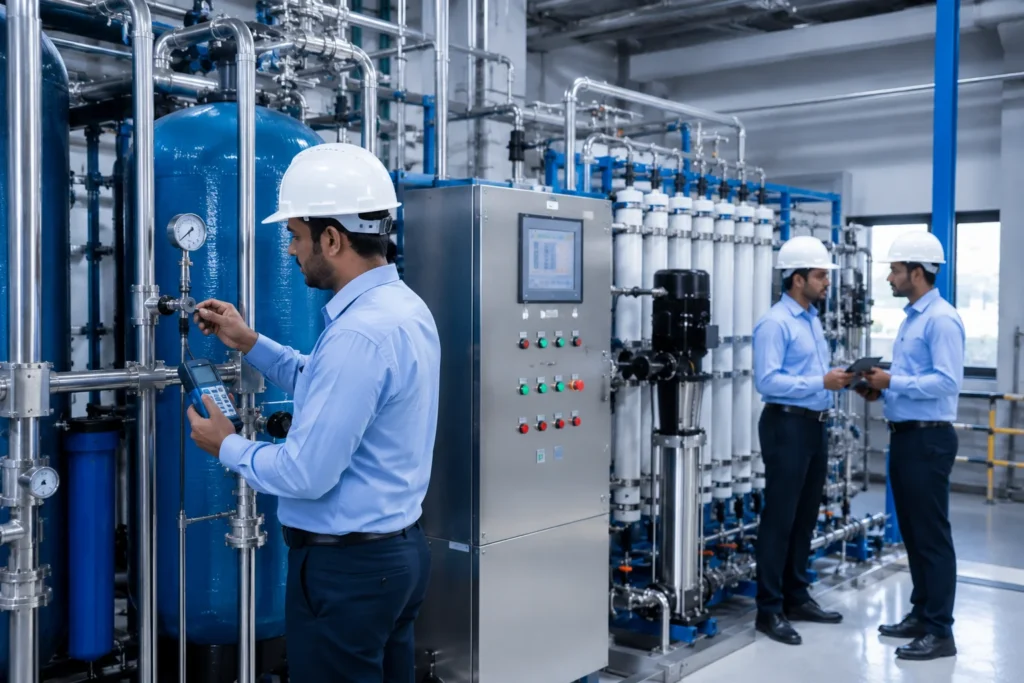 Expert engineers inspecting industrial DM Plant System installation