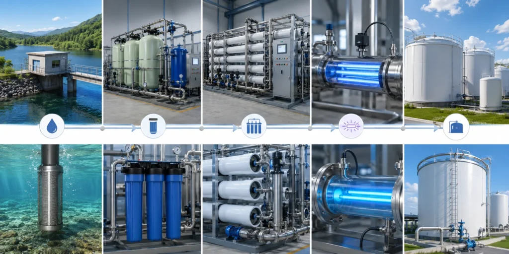 Industrial water treatment plant process from filtration to purified water