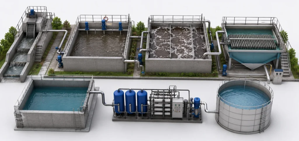 STP Plant wastewater treatment process from sewage collection to treated water reuse