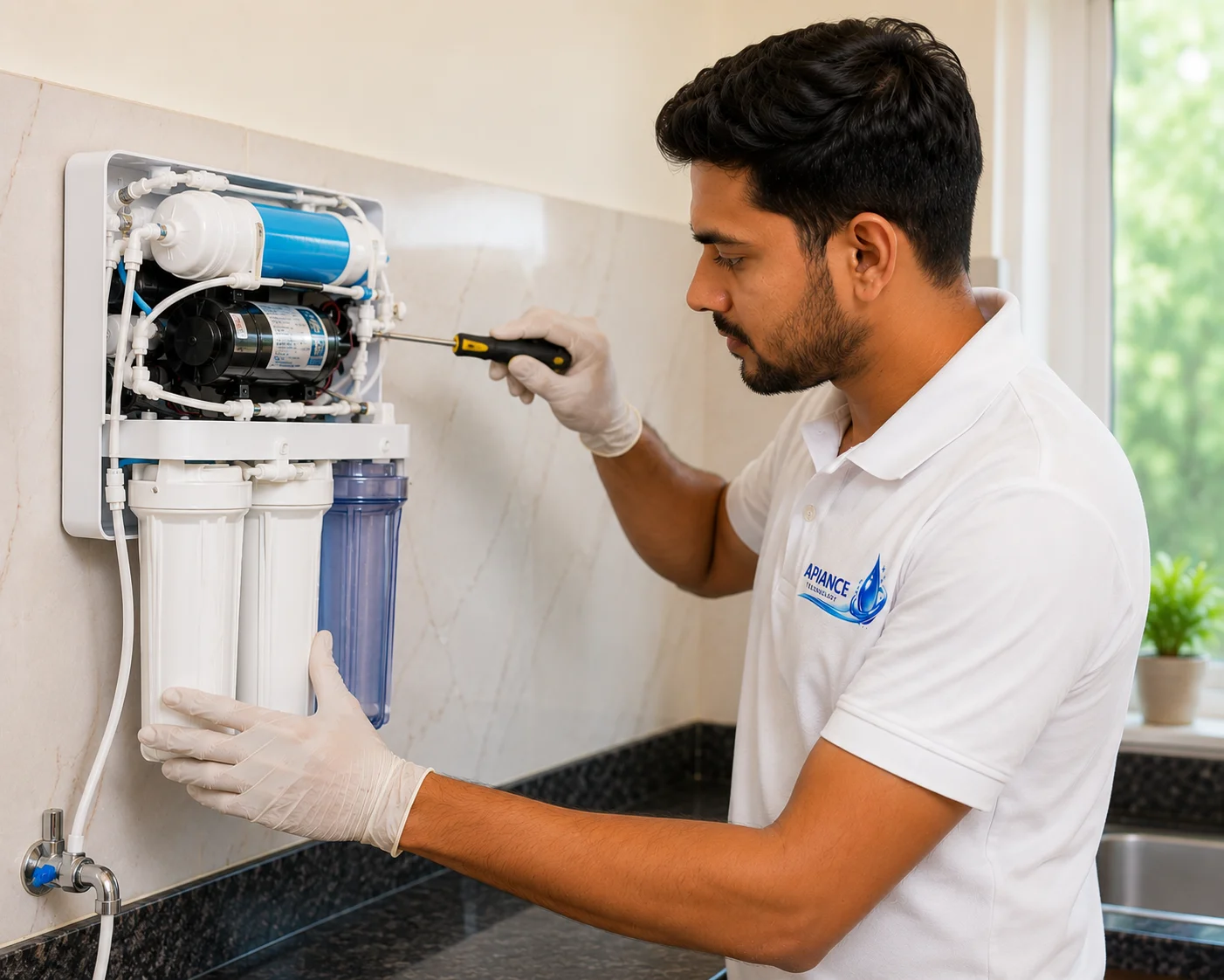 Professional RO installation service in Ghaziabad by Apiance Technology technician installing a wall-mounted RO water purifier with secure plumbing, leak testing, and system setup.