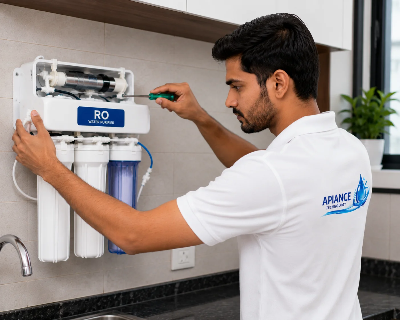 Professional technician installing a wall-mounted RO water purifier in Gurgaon with secure mounting, water connections, leak testing, and complete setup by Apiance Technology.