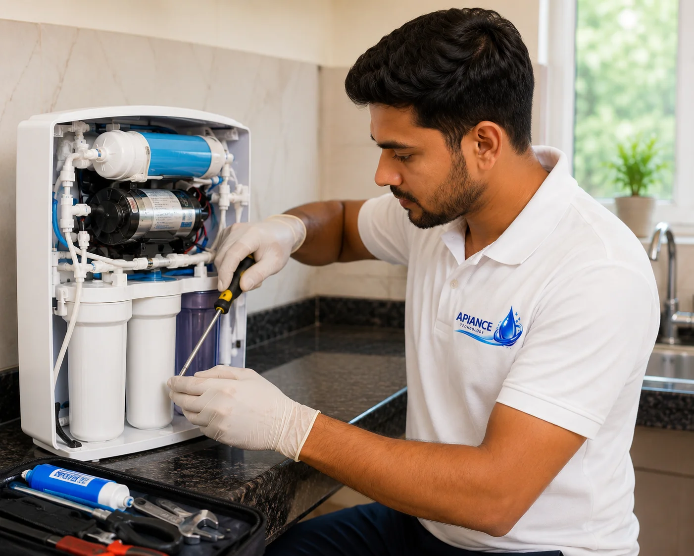 Professional RO repair service in Ghaziabad by Apiance Technology technician repairing a domestic RO water purifier with advanced tools for reliable performance.