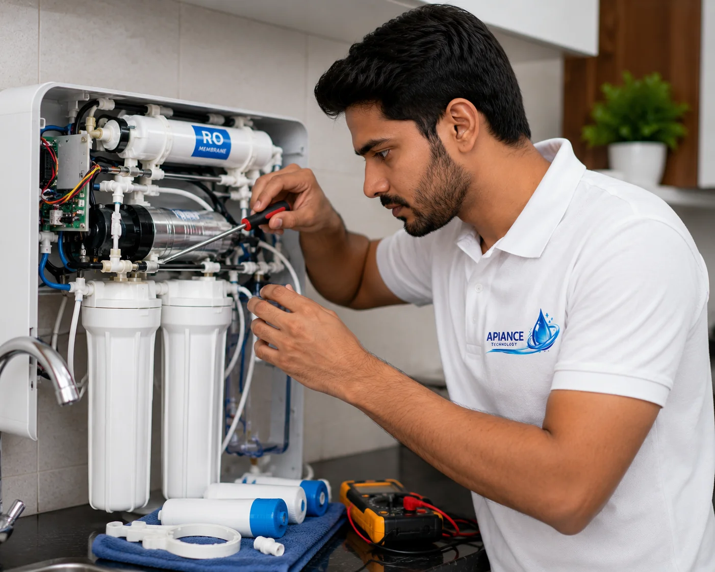 Professional RO repair technician repairing a domestic water purifier in Gurgaon by diagnosing membrane, pump, PCB, SMPS, filter, and leakage issues for efficient performance.