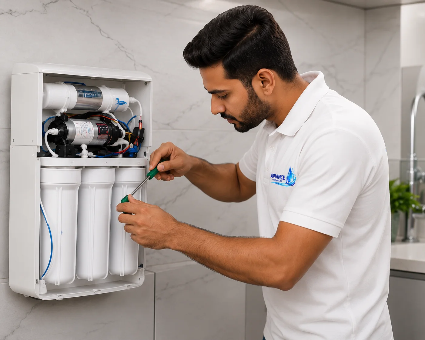 Professional technician repairing a wall-mounted RO water purifier during RO Repair Service in Faridabad by Apiance Technology