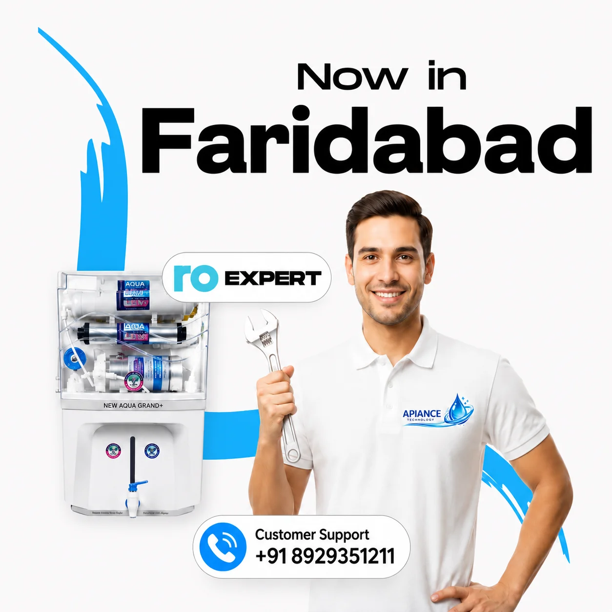 RO Service in Faridabad by Apiance Technology technician with Aqua Grand water purifier and customer support number.