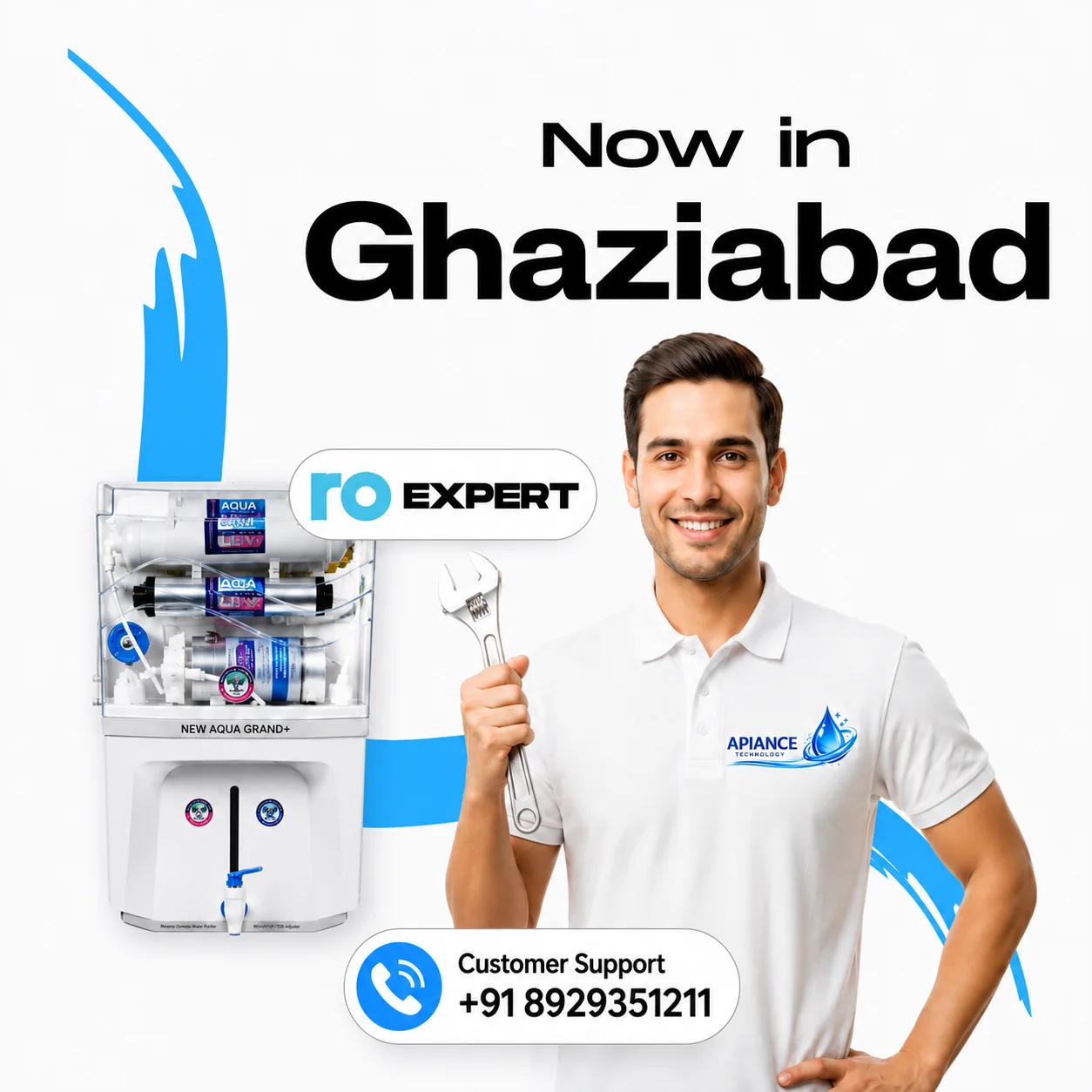 Professional RO service in Ghaziabad by Apiance Technology with expert technician for RO water purifier repair, installation, maintenance, and AMC services.