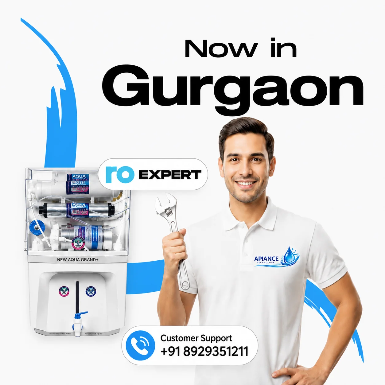RO service technician with water purifier in Gurgaon by Apiance Technology for RO repair, installation, maintenance, and water purifier service.