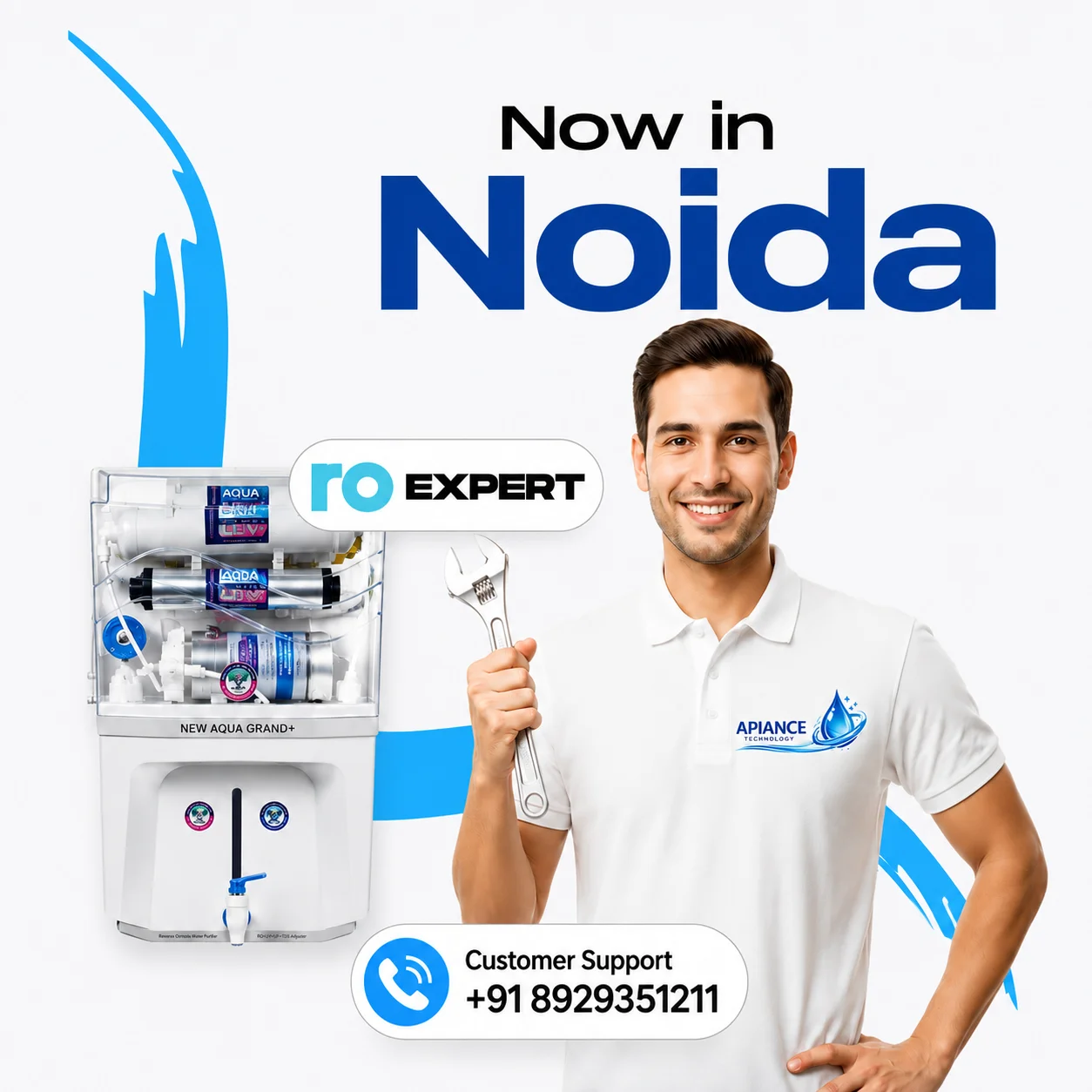 RO Service in Noida by Apiance Technology technician with Aqua Grand water purifier and customer support number