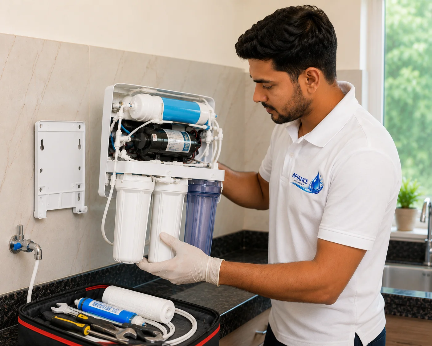 Professional RO uninstallation and reinstallation service in Ghaziabad by Apiance Technology with expert technician safely relocating and reinstalling a domestic RO water purifier.