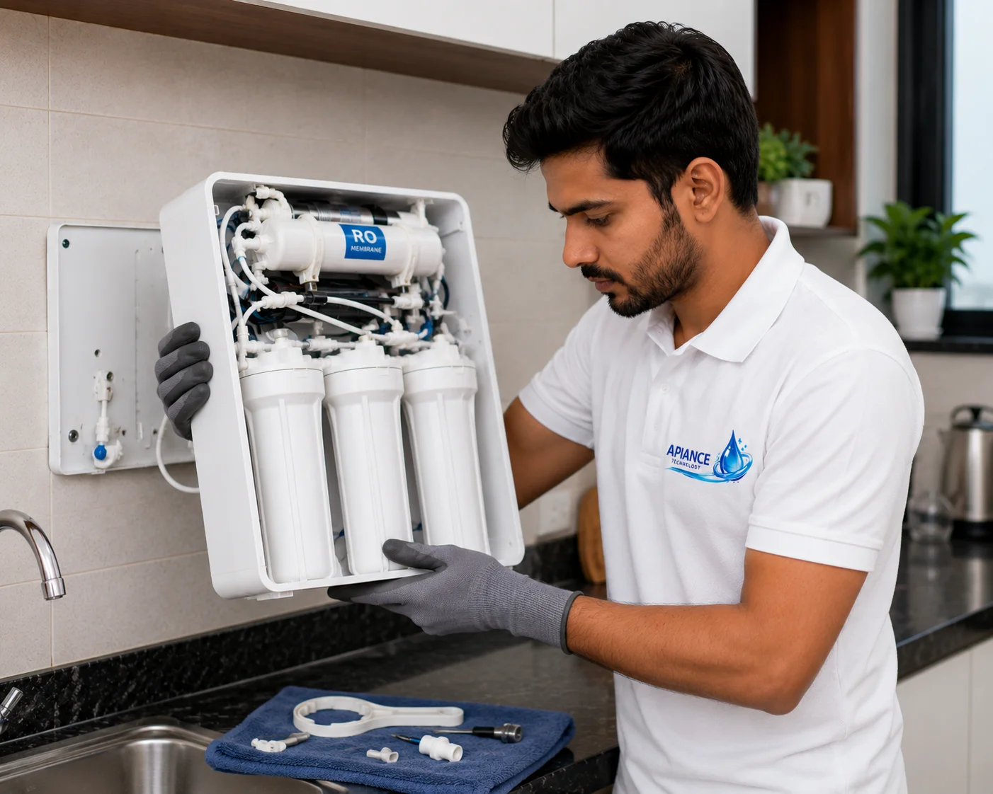 Professional technician safely uninstalling and reinstalling an RO water purifier in Gurgaon with secure water connections, leak testing, and complete system inspection by Apiance Technology.