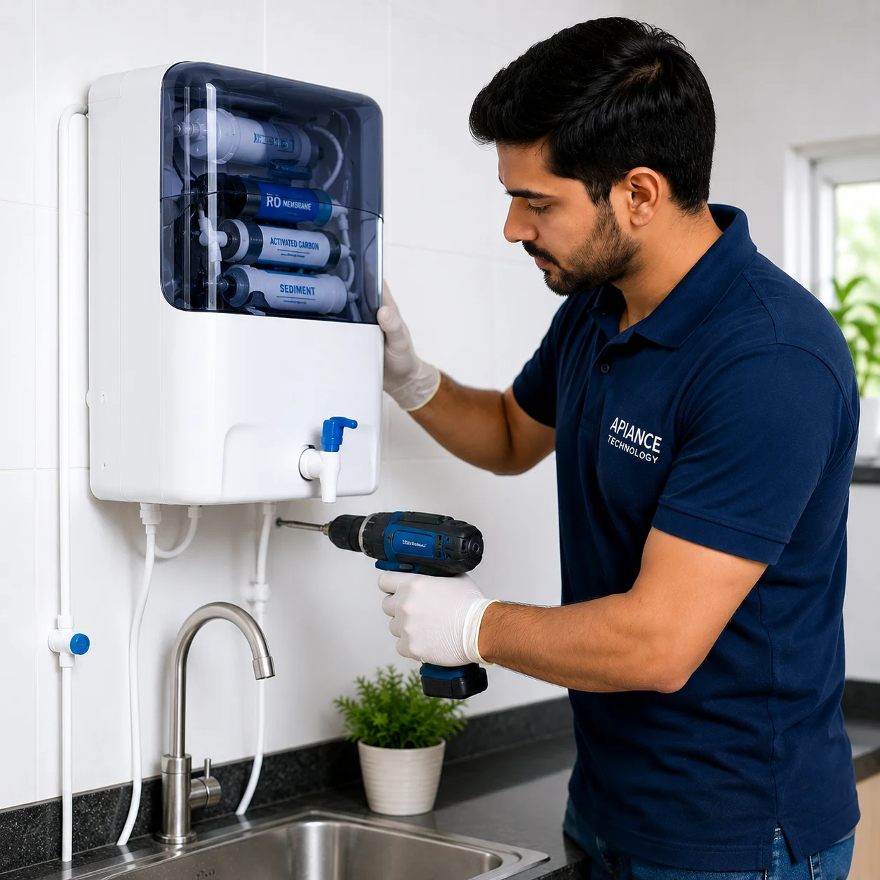 Professional RO water purifier technician installing a wall-mounted RO system at a customer's home in Delhi.