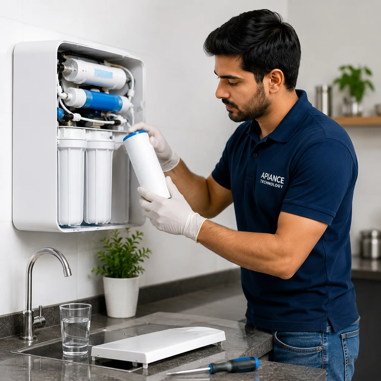 RO water purifier technician performing filter maintenance and complete RO service at a customer's home in Delhi.