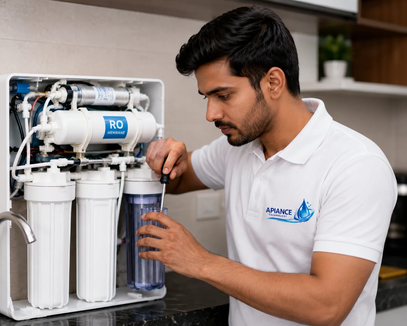 Professional technician performing RO water purifier service in Gurgaon, including filter cleaning, membrane inspection, TDS testing, and complete maintenance by Apiance Technology.