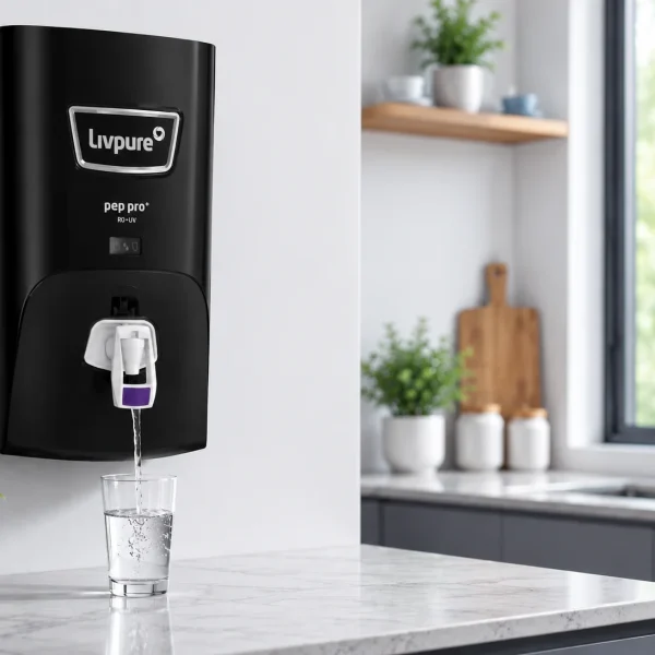 Livpure Pep Pro Plus RO water purifier dispensing clean drinking water in a modern kitchen.