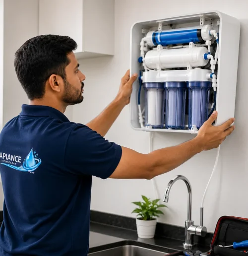 Professional technician installing a wall-mounted RO water purifier at a home in Noida by Apiance Technology