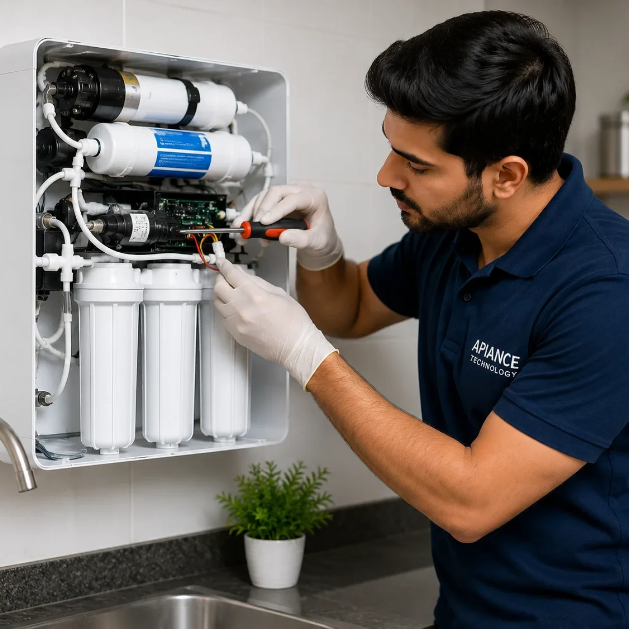 RO repair technician diagnosing and repairing a domestic water purifier with professional tools and quality components in Delhi.