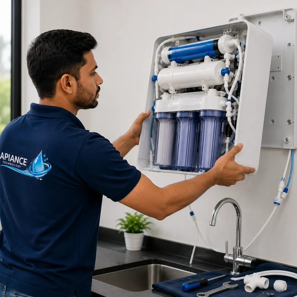 RO uninstallation and reinstallation service in Noida by Apiance Technology technician safely removing and reinstalling a wall mounted RO water purifier