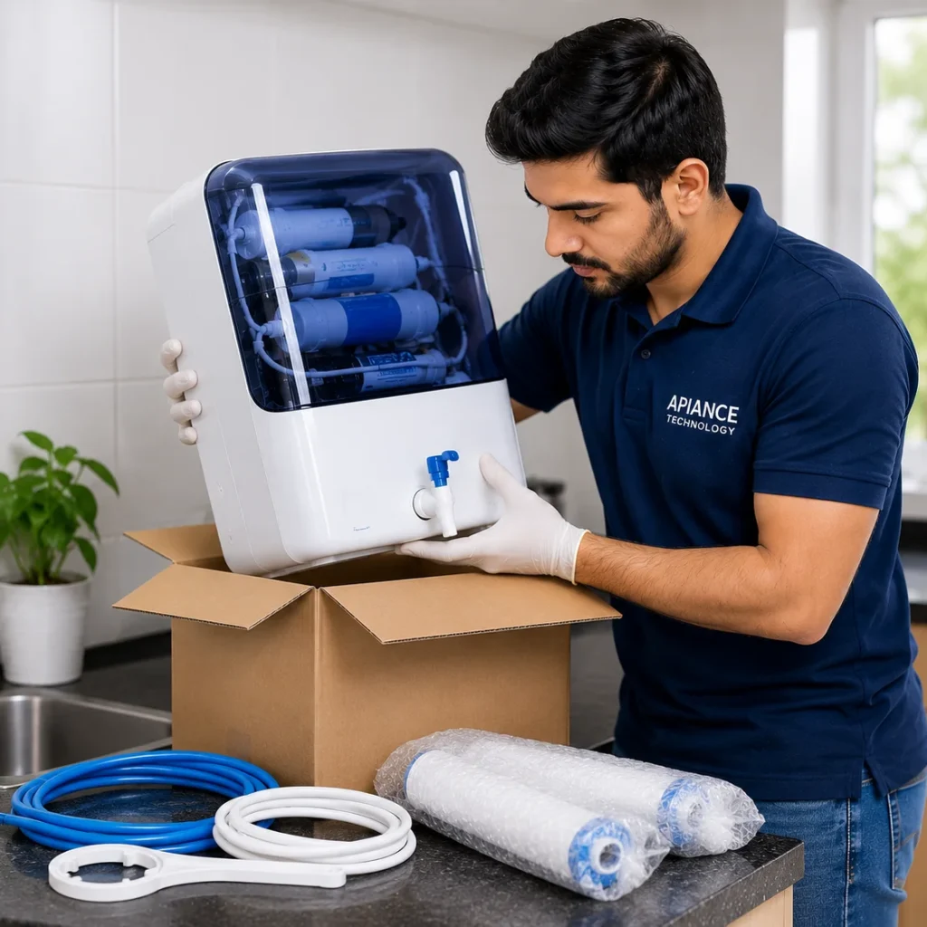 Professional RO water purifier technician safely uninstalling and preparing an RO system for reinstallation at a customer's home in Delhi.